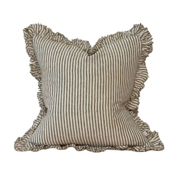 Hallie Ruffled Linen Cushion Cover Olive Stripe