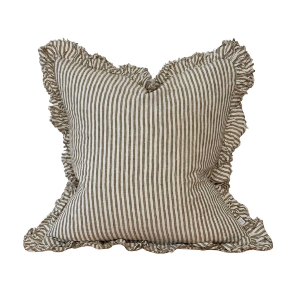 Hallie Ruffled Linen Cushion Cover Olive Stripe