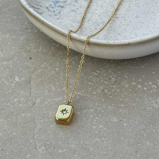 Gold Block Necklace with Zirconia Star