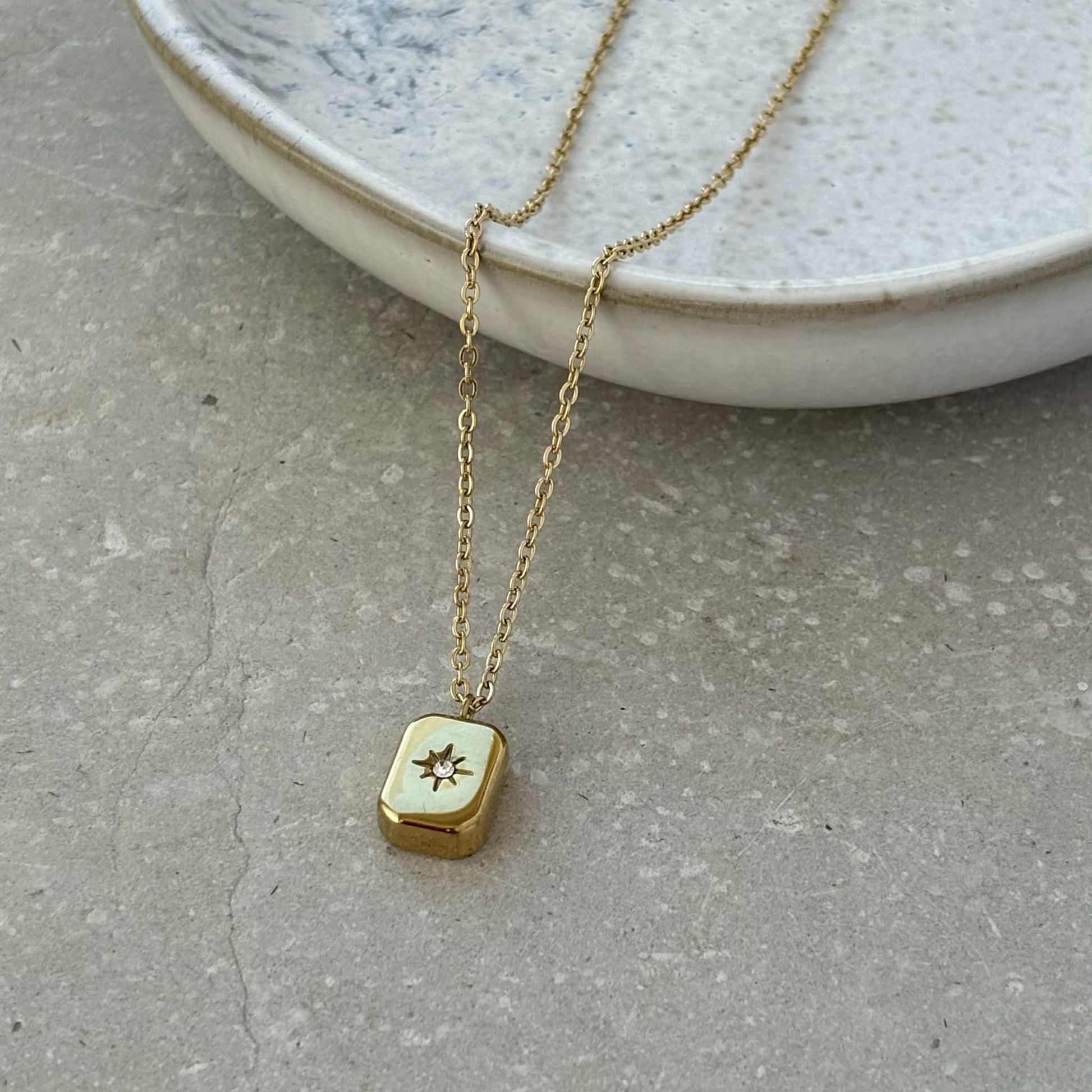 Gold Block Necklace with Zirconia Star