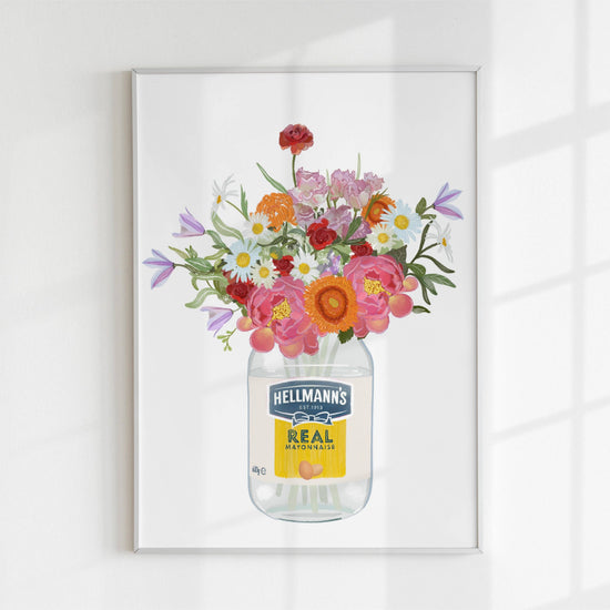 Mayonnaise Jar and Cottage Garden Flowers Bouquet Art Print