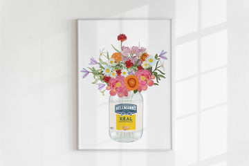 Mayonnaise Jar and Cottage Garden Flowers Bouquet Art Print