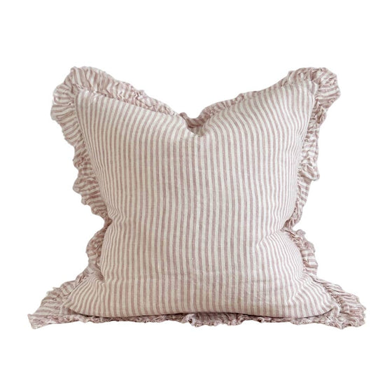 Hallie Ruffled Linen Cushion Cover Pink Stripe