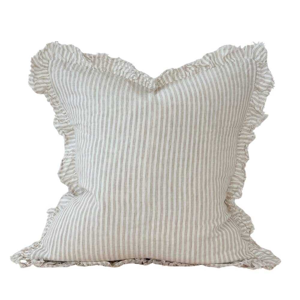 Hallie Ruffled Linen Cushion Cover Natural Beige Stripe