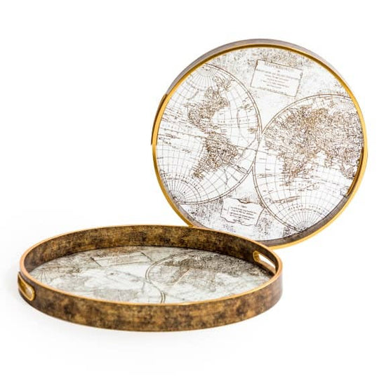 Set of 2 Dark Gold World Map Serving Trays