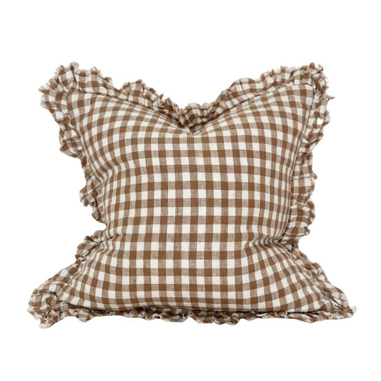 Hallie Ruffled Linen Cushion Cover Brown Gingham