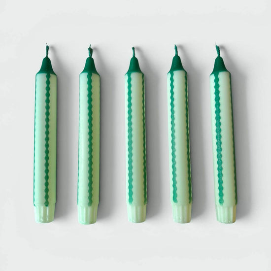Scalloped Stripe Dinner Candles Mint and Dark Green