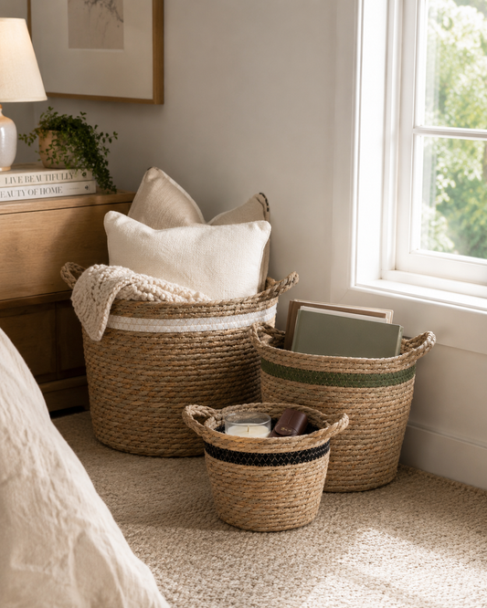 Stripe Storage Baskets - Black, White & Olive (Nest of 3)