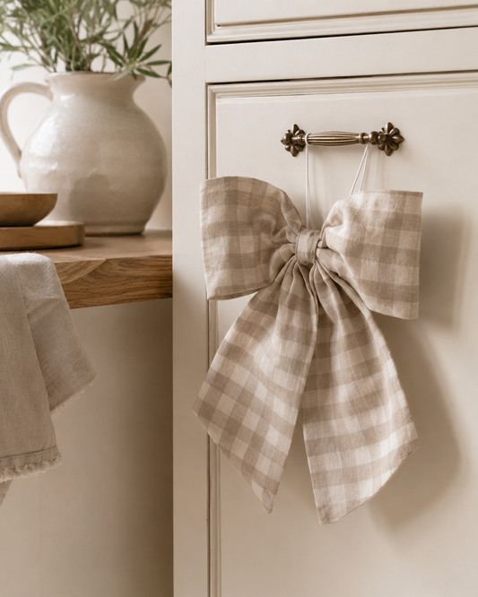 Gingham Hanging Bow - Cream & Beige