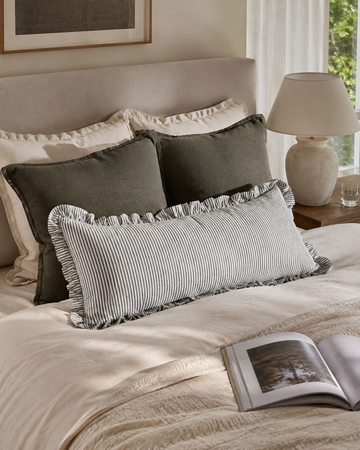 Stipe Bolster Cushion with Ruffle Edge - Black & White