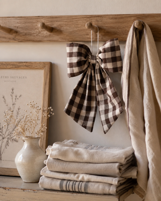 Gingham Hanging Bow - Cream & Brown