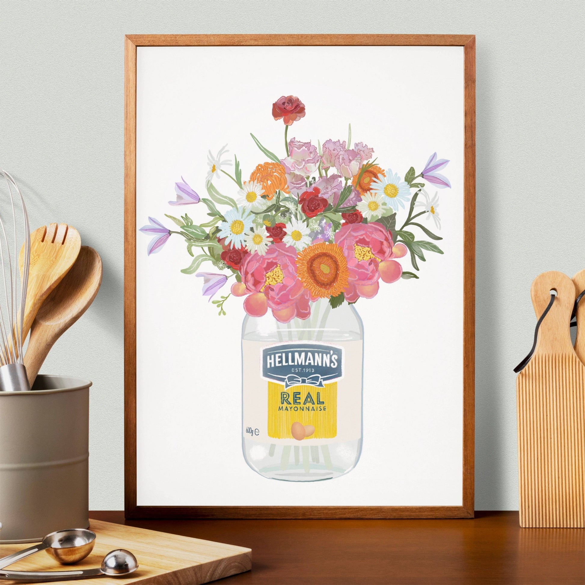 Mayonnaise jar floral print detail
