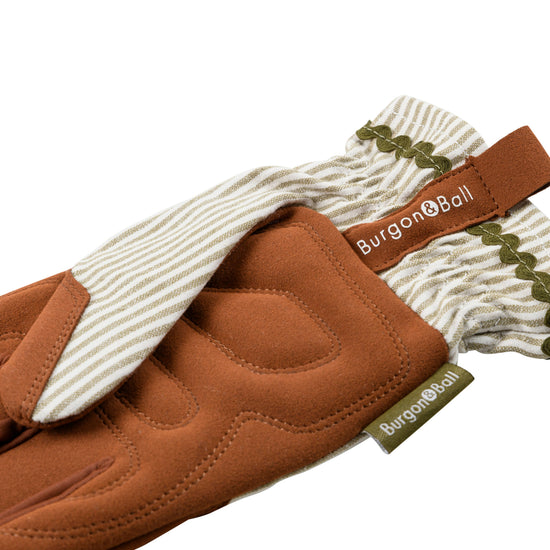 Olive stripe gardening gloves detail