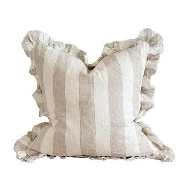 Hallie Ruffled Linen Cushion Cover Beige and Cream Wide Stripe