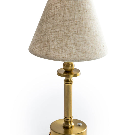 Brass Rechargeable Table Lamp with Oatmeal Shade