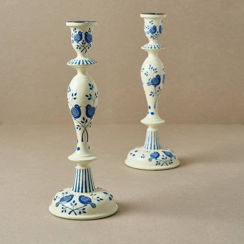 Hand Painted Wooden Candlestick Holder Ivory and Blue Birds